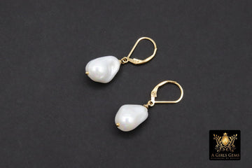 14 K Gold Filled Large Pearl Drop Earrings, Gold Filled Leverback Ear Wires, Wire Wrap 12 mm Barquoe Pearl, Wedding Gift